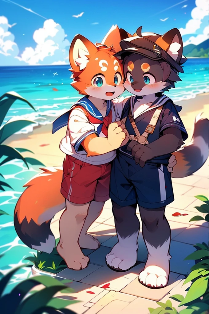 A boy red panda and two foxes,8k resolution,Furry,          Ocean,Sailor uniform,Red collar,Two legs,Stand on your feet！