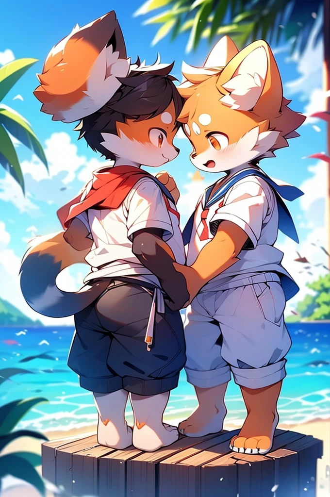 Red Panda Boy,Ocean,Sailor suit standing on feet,Two legs,