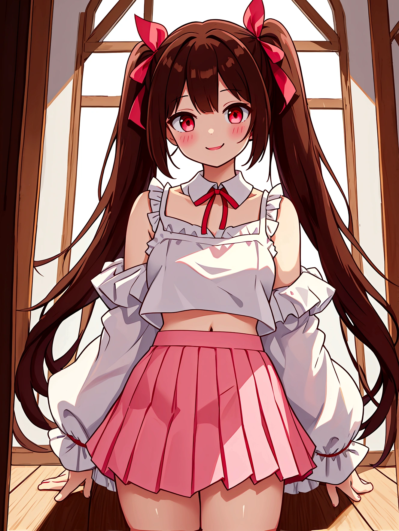 Lumen Reflection、Natural light、(masterpiece,Highest quality),Exciting、Three pole color matching、front,elegant、Looking at the viewer、1 girl、woman、(Underolo、blush、Open your mouth、smile、Dark Brown Hair、Twin tails、Red eyes、ribbon、赤いribbon、髪のribbon、Crop top、Off the shoulder,camisole,No sleeve,Sleeveless、white collar、(Ultra Micro Mini Skirt)、Pink Skirt、belly button,Pleated skirt、Frills,Raw wrists,barefoot,Metropoliegalopolis,Standing posture
