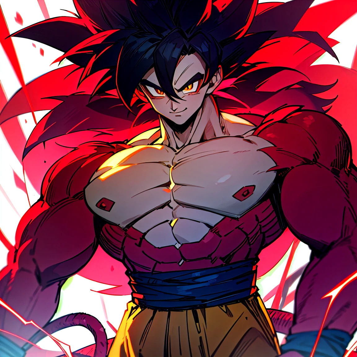 highres, HD quality, (best quality),((masterpiece)), vibrant colors, son goku, son goku gt,1boy,closed mouth, solo, super saiyan 4, dragon ball gt, yellow pants, black boots, blue ribbon, ((some red fur on arms and chest)), red saiyan tail, (very long hair), (red eyeliner),male focus, muscular, muscular male, pectorals, solo, spiked hair,((black hair)), (((pupils))),yellow eyes,standing,spiked hair, red aura, electricity, smile,upper body, PERFECT FACE, PERFECT HANDS
Fight with a giant monster in forest