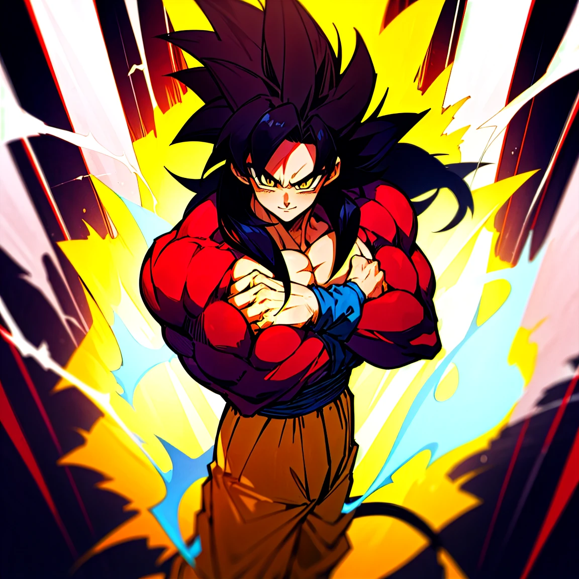 highres, HD quality, (best quality),((masterpiece)), vibrant colors, son goku, son goku gt,1boy,closed mouth, solo, super saiyan 4, dragon ball gt, yellow pants, black boots, blue ribbon, ((some red fur on arms and chest)), red saiyan tail, (very long hair), (red eyeliner),male focus, muscular, muscular male, pectorals, solo, spiked hair,((black hair)), (((pupils))),yellow eyes,standing,spiked hair, red aura, electricity, smile,upper body, PERFECT FACE, PERFECT HANDS
Fight with a giant monster in forest