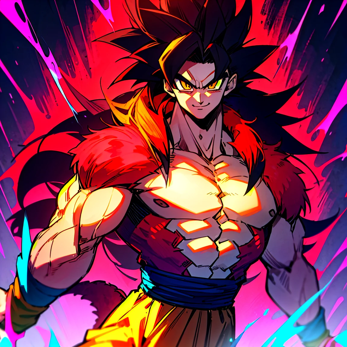 highres, HD quality, (best quality),((masterpiece)), vibrant colors, son goku, son goku gt,1boy,closed mouth, solo, super saiyan 4, dragon ball gt, yellow pants, black boots, blue ribbon, ((some red fur on arms and chest)), red saiyan tail, (very long hair), (red eyeliner),male focus, muscular, muscular male, pectorals, solo, spiked hair,((black hair)), (((pupils))),yellow eyes,standing,spiked hair, red aura, electricity, smile,upper body, PERFECT FACE, PERFECT HANDS
Fight with a giant monster in forest