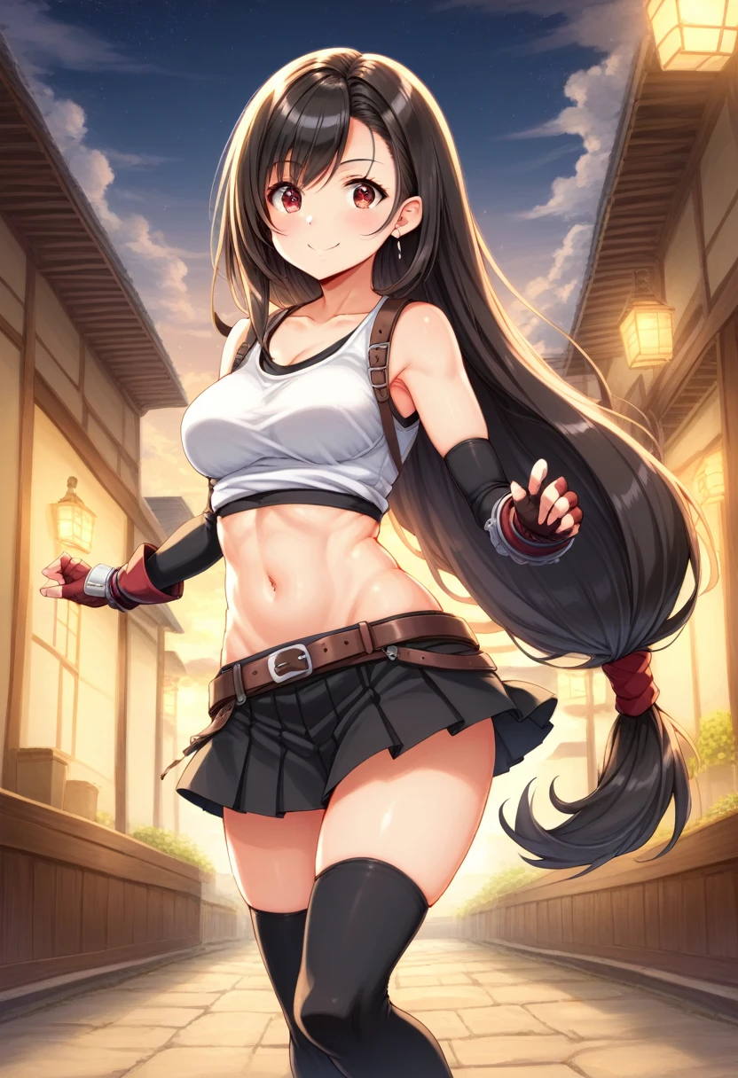 (score_9,score_8_up,score_7_up,score_6_up,score_5_up,score_4_up), BREAK ,from side,(dynamicangle,dynamicpose),(trying to hit at viewer:1.3),,upperbody,looking_at_viewer ,1girl, tifa lockhart, final fantasy, tareme,black hair, low-tied long hair, red eyes,wide-eyed, bangs, (white tank top, belt, pleated skirt, thighhighs, elbow fingerless gloves, elbow pads, midriff, navel,suspender skirt) ,large_breasts,(light smile),,,Solo,,(daytime and outdoor and mountain),hyper detailed,beautiful,great lighting, perfect hands, detailed shadows,anime artwork, anime style, key visual, vibrant, studio anime,HDR,highly detailed,anime coloring, masterpiece, best quality,best aestethic, absurdres,,professional lighting,cinematic lighting,rule of odds