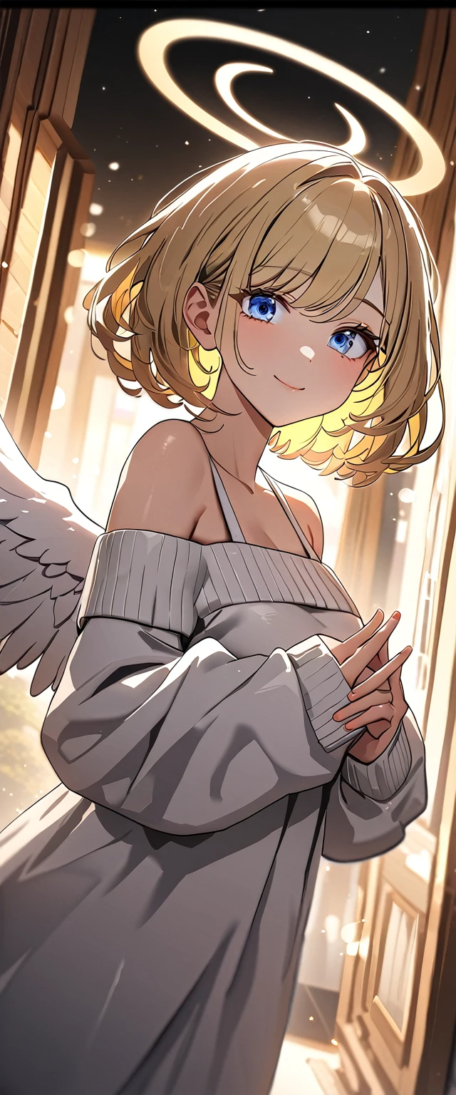 ((flying in the sky)), ((angel, big big white wings:1.3, halo:1.3)), ((sky)), (((spread arms))), (((cowboy shot))), archangel Uriel, ((wavy hair, outward curled hair)), evening, Sunset, ((blond hair, bob cut:1.3)), breasts, teenager, (looking at viewer), oversized clothes, puffy long sleeves, collarbone, ((off-shoulder sweater:1.3, Quite thick shoulder straps)), ((white sweater)), collarbone, head tilt:1.3, (((blue eyes))), ((happy smile)), (((anime style))), (best quality, 4K, 8K, highres, masterpiece:1.2, ultra-detailed, ultra-detailed eyes, HDR, uhd, studio lighting, ultra-fine painting, sharp focus, physically-based rendering, extreme detail description, professional, vivid colors, bokeh)