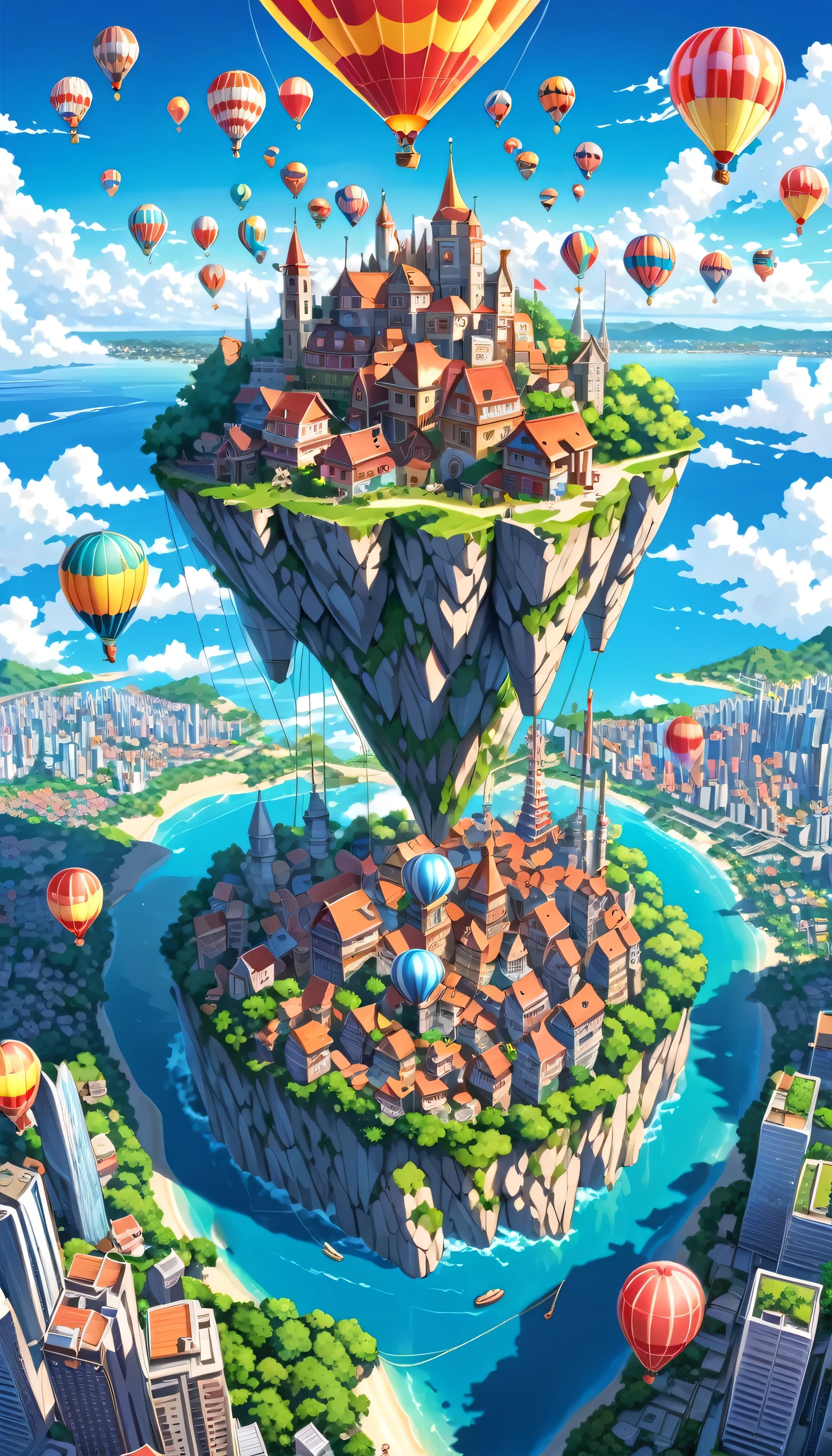 Illustration of a floating city in the air, Colorful hot air balloons float in the sky,Below you can see the vast ocean and a small island.々、(Highest quality, 4K, 8K, High resolution, masterpiece:1.2), Super detailed, (Realistic, photo-Realistic, photo-Realistic:1.37), Anime Style, Vibrant colors, Vivid, Eye-catching, From modern skyscrapers to quirky buildings、Various buildings stand side by side。, Fantasy architecture. I&#39;ll depict lush greenery and a waterfall cascading from an island into the clouds below.. The sky is clear blue、Fluffy white clouds should surround the city..Man crossing the bridge々, Birds are flying around. The overall atmosphere should be upbeat., Calm, Magical, Capture the vibrancy and wonder of aerial cityscapes. Symbolic Representations, Textured Backgrounds, commercial, Digital display, to attract attention, Vibrant
