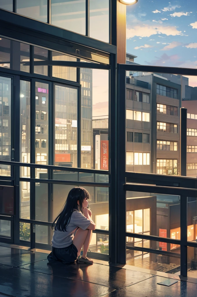 Octane, null, star (null), scenery, starry null, night, One girl, night null, alone, Outdoor, building, cloud, milky way, Sitting, wood, Long Hair, city, cityscape, Highest quality, 8K