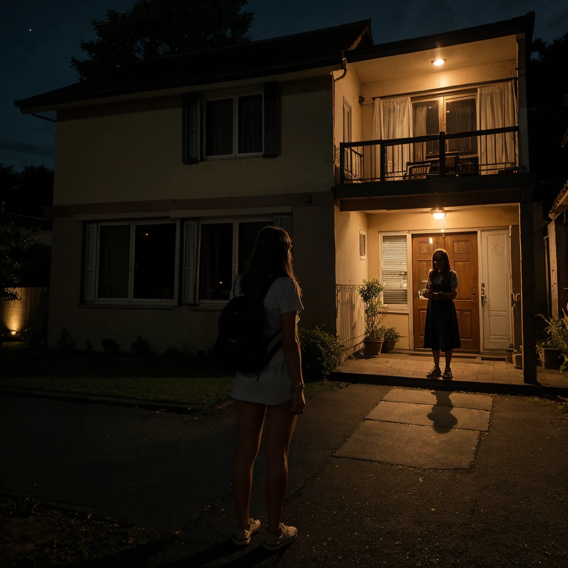 Lucie in front of house at night, say goodbye