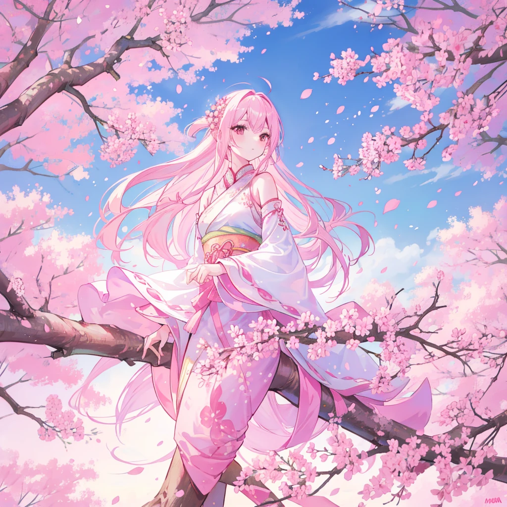 Pink straight hair,Wearing pale pink Han national costume,Holding a branch of cherry blossoms,background, Beautiful cherry blossom trees are in full bloom,She is a kind person, cute, Slender and cute girl