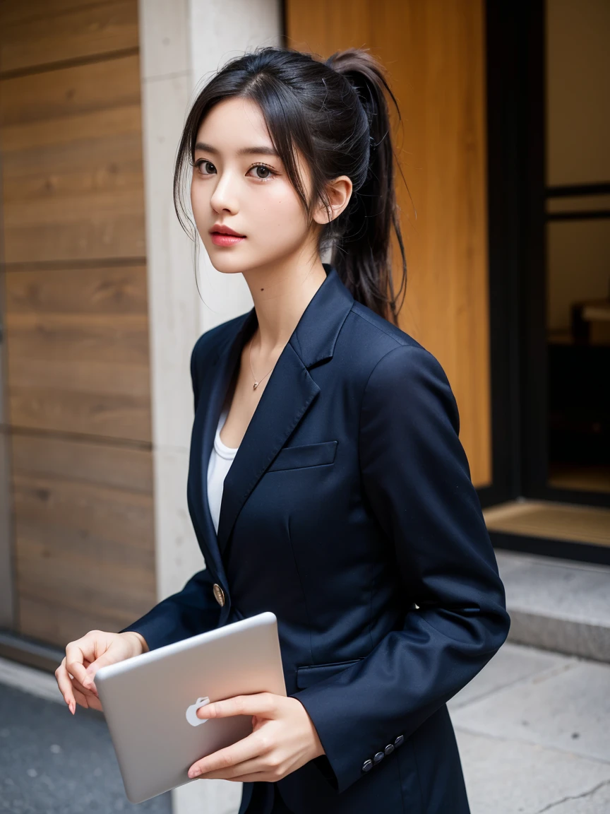 Cool and intelligent Japanese beauty、Fine white skin、Her long, dark chestnut-colored, loosely wavy hair is tied in a ponytail.、Large almond-shaped eyes、Thin eyebrows、Navy suit、walking with a laptop under one&#39;s arm。