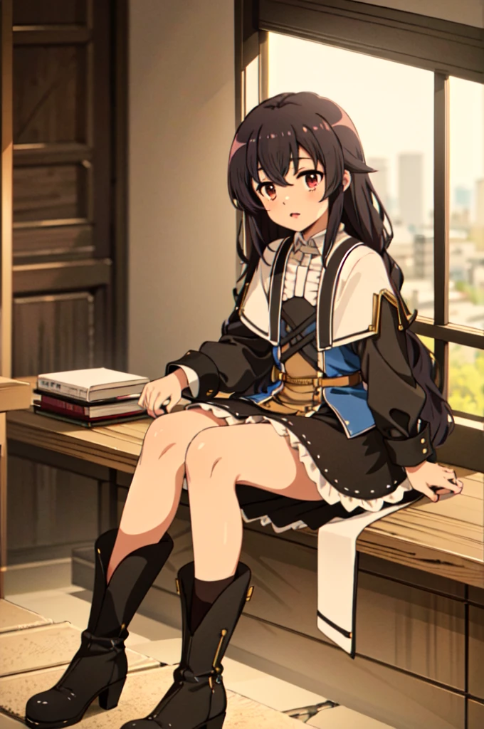 (Highest quality,High resolution,Beautiful attention to detail,White lighting:1.2),Red eyes, View your viewers, Long Hair, Black Hair, Knee-high boots, Black footwear, blush, Sitting, Long sleeve, bangs, Part your lips, Black Hair, dress, Raise your knees, Brown Hair, white skirt, Frills, skirt,Thighs, Side Lock,