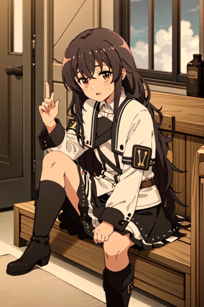 (Highest quality,High resolution,Beautiful attention to detail,White lighting:1.2),Red eyes, View your viewers, Long Hair, Black Hair, Knee-high boots, Black footwear, blush, Sitting, Long sleeve, bangs, Part your lips, Black Hair, dress, Raise your knees, Brown Hair, white skirt, Frills, skirt,Thighs, Side Lock,