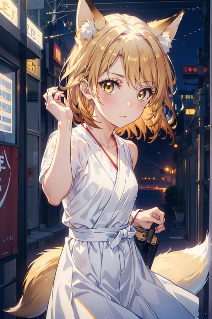 Irohaisshiki, isshiki iroha,Short Hair, Brown Hair, (Brown eyes:1.5), happy smile, smile, Open your mouth,animal(Fox Ears,Fox tail),Yellow sleeveless dress,Yellow long skirt,Cute Sandals,Push-type suitcase,background（Ships at anchor）,port,My hair is blowing in the wind,Holding her hair with her right hand,whole bodyがイラストに入るように,Are standing,morning,morning陽,The sun is rising,Cruise,
break outdoors, port,Ocean,
break looking at viewer,whole body,
break (masterpiece:1.2), Highest quality, High resolution, unity 8k wallpaper, (shape:0.8), (Beautiful and beautiful eyes:1.6), Highly detailed face, Perfect lighting, Highly detailed CG, (Perfect hands, Perfect Anatomy),
