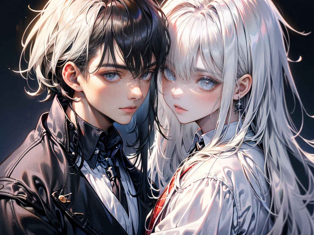(8K, hight resolution, ultra-detailliert), (A piece of work), (best quality), Each item is very good., ((two men:1.5)), perfect face, Beautiful face, Each item is very good.な顔,(black haired man:1.3),(man with colored hair:1.3),(muste piece), (best quality), very detailed, (((Two friendly high school boys:1.5))), perfect face, beautiful face, very detailed face,(black haired man:1.3),(white haired man:1.3),School,classroom,student uniform,Plaid tie,shirt
