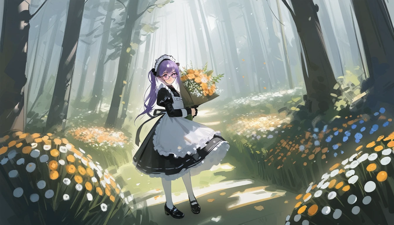 Ciloranko, wlop, 1girl, 独奏, flower, bouquet, purple eyes, maid headdress, looking at viewer, maid, apron, full body, long hair, twintails, holding, white background, long sleeves, holding bouquet, dress, bow, juliet sleeves, puffy sleeves, blush, Spring Flowering Forest, parted lips, frills, ribbon, two side up, hair bow, maid apron one girl, super high quality, Super Detail, Super Detailed image, long hair, looking at viewer, skirt, shirt, hair ornament, violet eyes,black gloves, round glasses, long sleeves,violet hair, round glasses, Flat Chest, smile