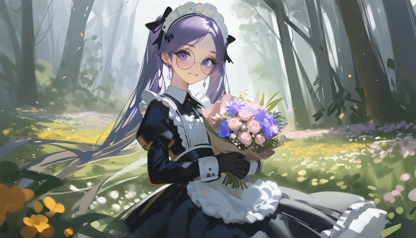 Ciloranko, wlop, 1girl, 独奏, flower, bouquet, purple eyes, maid headdress, looking at viewer, maid, apron, full body, long hair, twintails, holding, white background, long sleeves, holding bouquet, dress, bow, juliet sleeves, puffy sleeves, blush, Spring Flowering Forest, parted lips, frills, ribbon, two side up, hair bow, maid apron one girl, super high quality, Super Detail, Super Detailed image, long hair, looking at viewer, skirt, shirt, hair ornament, violet eyes,black gloves, round glasses, long sleeves,violet hair, round glasses, Flat Chest, smile