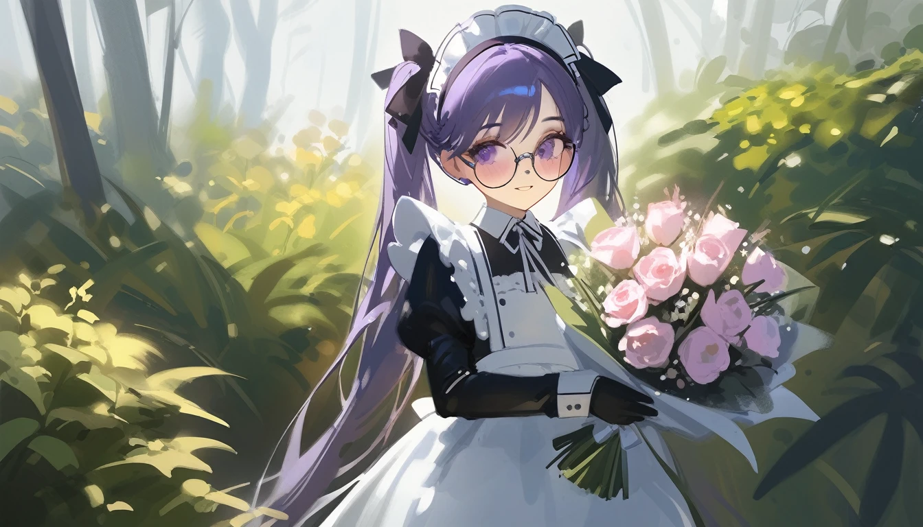 Ciloranko, wlop, 1girl, 独奏, flower, bouquet, purple eyes, maid headdress, looking at viewer, maid, apron, full body, long hair, twintails, holding, white background, long sleeves, holding bouquet, dress, bow, juliet sleeves, puffy sleeves, blush, Spring Flowering Forest, parted lips, frills, ribbon, two side up, hair bow, maid apron one girl, super high quality, Super Detail, Super Detailed image, long hair, looking at viewer, skirt, shirt, hair ornament, violet eyes,black gloves, round glasses, long sleeves,violet hair, round glasses, Flat Chest, smile