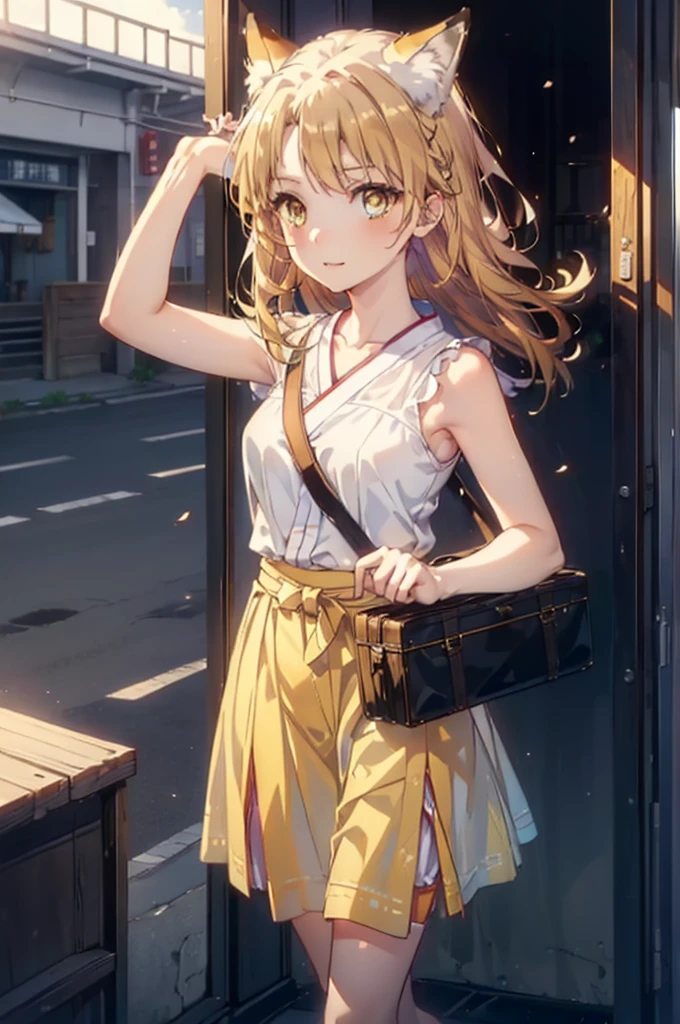 Irohaisshiki, isshiki iroha,Long Hair, Brown Hair, (Brown eyes:1.5), happy smile, smile, Open your mouth,animal(Fox Ears,Fox tail),Yellow sleeveless dress,Yellow long skirt,Cute Sandals,Push-type suitcase,background（Ships at anchor）,port,My hair is blowing in the wind,Holding her hair with her right hand,whole bodyがイラストに入るように,Are standing,morning,morning陽,The sun is rising,
break outdoors, port,Ocean,
break looking at viewer,whole body,
break (masterpiece:1.2), Highest quality, High resolution, unity 8k wallpaper, (shape:0.8), (Beautiful and beautiful eyes:1.6), Highly detailed face, Perfect lighting, Highly detailed CG, (Perfect hands, Perfect Anatomy),