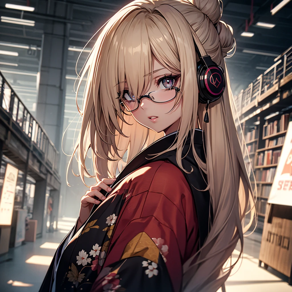 (1girl:1.3), Masterpiece, Best quality, amazing beauty, [[3D]], 4K, absurdres, finely detail, super detailed eye, perfect anatomy, official art, cinematic lighting, BREAK, Library, silky long hair, hair bun, blonde, super shiny detailed black eye, big eyes, sparkle(in the eyes), thick eyebrow, Gazing into the Distance, close-mouth, plump lips, Mascara, False eyelashes, pink lips, eyewear, Looks like fun, BREAK , big breasts, tall, slender, fair skin, sitting chair, full body, from side, BREAK , She has headphones on, BREAK,(kimono:1.3)