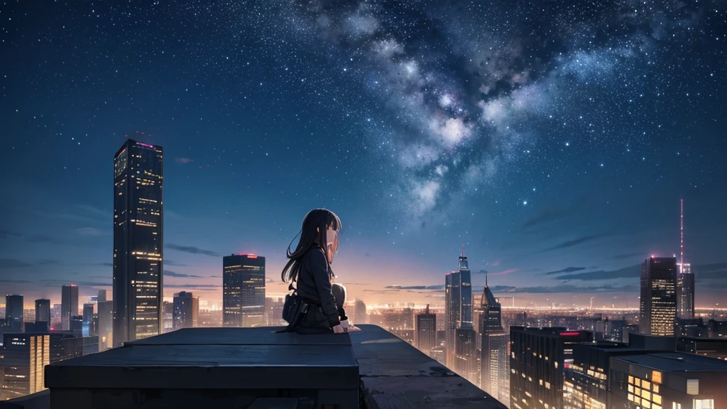 Octane, null, star (null), scenery, starry null, night, One girl, night null, alone, Outdoor, building, cloud, milky way, Sitting, wood, Long Hair, city, cityscape, Highest quality, 8K,lofi