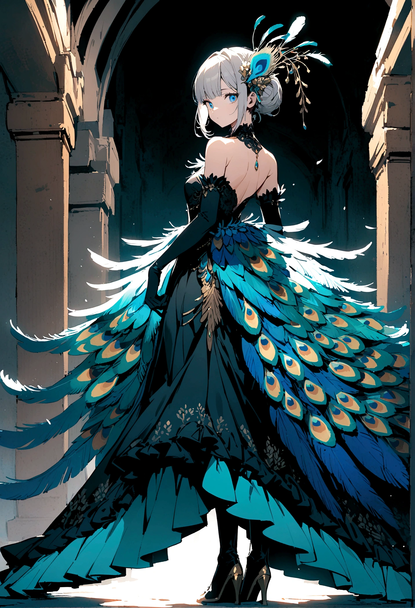 peacock, 1girl, solo, dress, gloves,feather dress, looking at viewer, hair ornament, elbow gloves, blue eyes, looking back, full body, standing, hair bun, bare shoulders, long dress, single hair bun, black gloves, flower, bangs, grey hair, closed mouth From the waist down, the skirt is made of peacock feathers.