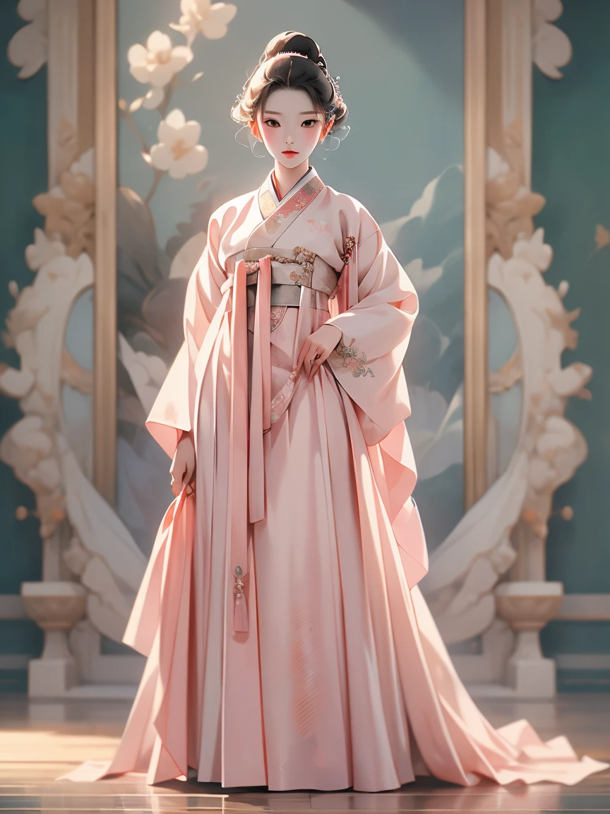 (masterpiece), (top quality), (beautiful and aesthetic), (1 woman), (1930s Korean woman), resembles Korean idol, highly detailed, A little exposure, traditional hanbok, ((full body)), portrait.