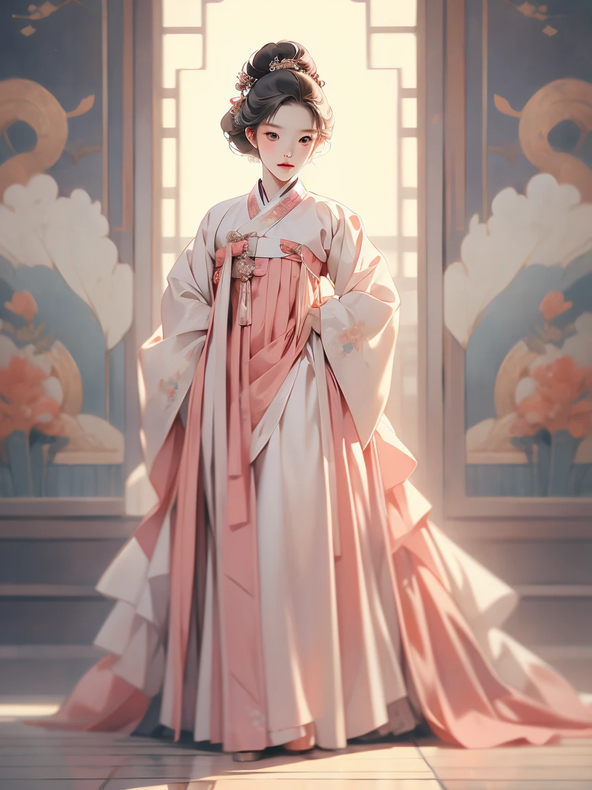 (masterpiece), (top quality), (beautiful and aesthetic), (1 woman), (1930s Korean woman), resembles Korean idol, highly detailed, A little exposure, traditional hanbok, ((full body)), portrait.