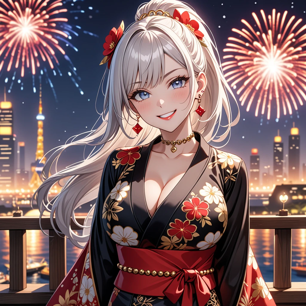 ((One personの女性)), Beautiful Face, (Laughing embarrassedly), (smirk:1.4), ((Wink:1.5)), (head tilt:1.3), Laugh with your mouth wide open, upper teeth, looking at viewer, (Doing sexy poses), ((Bright red cheeks:1.4)), Glossy Red Lips, (Big Breasts:1.4), cleavage, night,Terrace with sea view, firework, Glossy pink lips, Shining Face, ((Anime style background)),masterpiece, Highest quality, so beautiful,up to date, Complex details, (long nails of red color), (nail art), (ring),(bracelet),(Floral choker), (ring helix piercing:1.5), AI-generated, Complex,High resolution, Highest quality, super high quality,3D Images、3D Images,One person,Long white hair,High Ponytail, Anime woman posing for a photo, ((silver eyes:1.5)), ((Fine grain、Blue eyes、Shining Eyes:1.3)), (Squint your eyes:1.1),a hyperRealistic , hyperRealistic , Realistic,Anime woman with long white hair, Smooth anime CG art, (A woman in a colorful kimono with gold embroidery), ((Black long sleeve kimono:1.3)), Red floral pattern,Long flower hair ornament,Earrings,Mature Body,Tall,Abdominal muscles,Tight waist, ((face focus:1.8)), (front view:1.3),