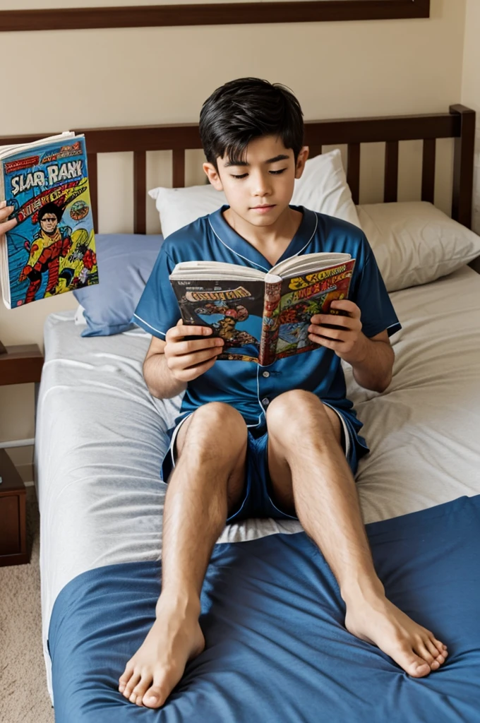 a boy lies on a bed in pajamas with bare feet reading a comic book