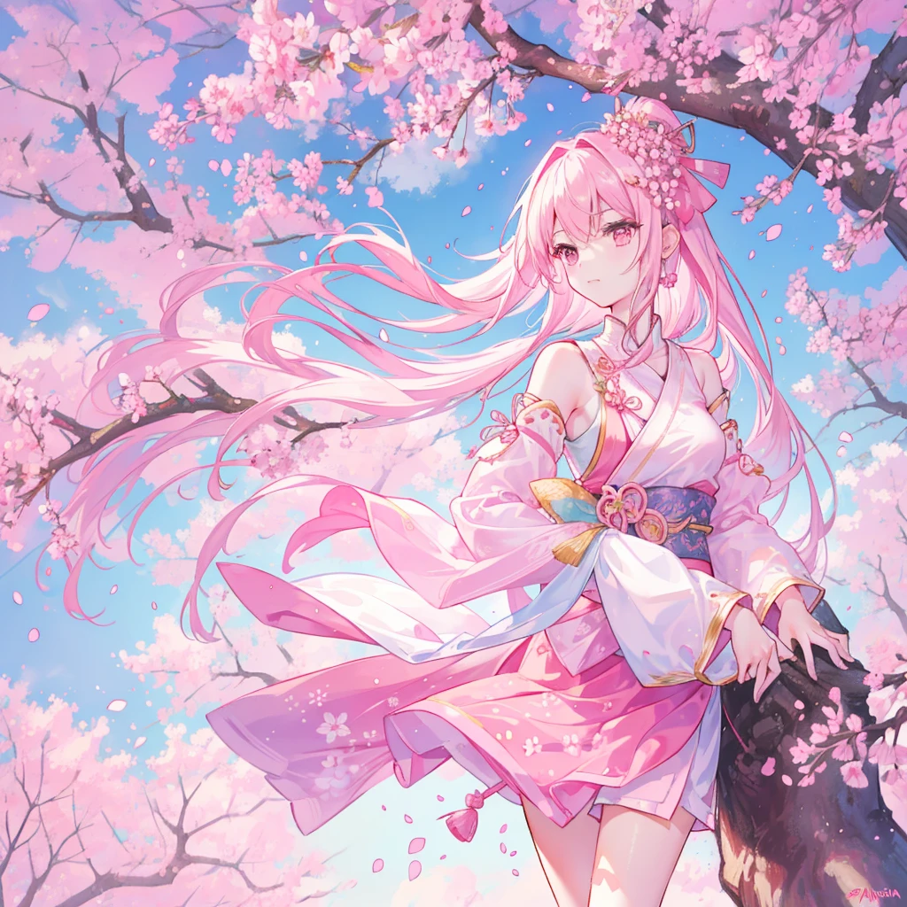 Pink straight hair，Wearing pale pink Han national costume，Holding a branch of cherry blossoms，background, Beautiful cherry blossom trees are in full bloom，She is a kind person, cute, Slender and cute girl