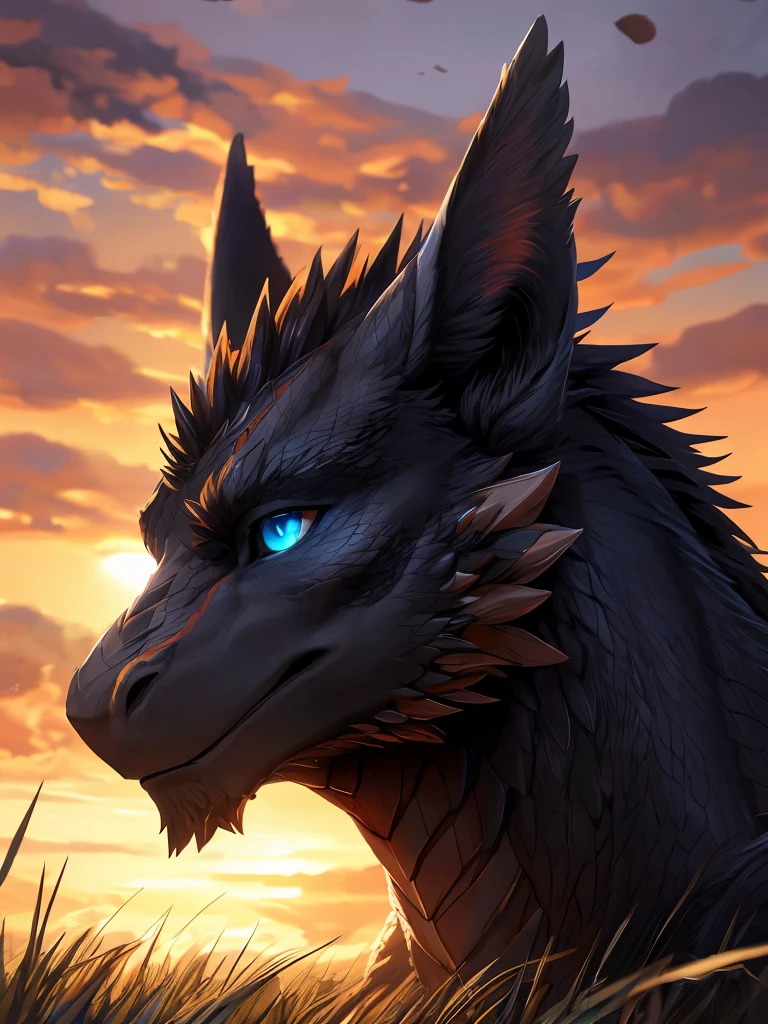 A mature, striking male black dragon with captivating blue eyes, resting in a serene golden sunset over a grassy field, its white fur soft and luminous, exuding wisdom and charisma, with extreme focus on the intricate details of the eyes, fur, and facial features, masterfully crafted by the artist sollyz, zixiong, and null_鬼, (best quality,4k,8k,highres,masterpiece:1.2),ultra-detailed,(realistic,photorealistic,photo-realistic:1.37),extremely detailed eyes and face,longeyelashes,detailed fur texture,beautiful detailed scales,dramatic lighting,cinematic composition,intricate background details,vibrant colors,dramatic shadows,realistic proportions
