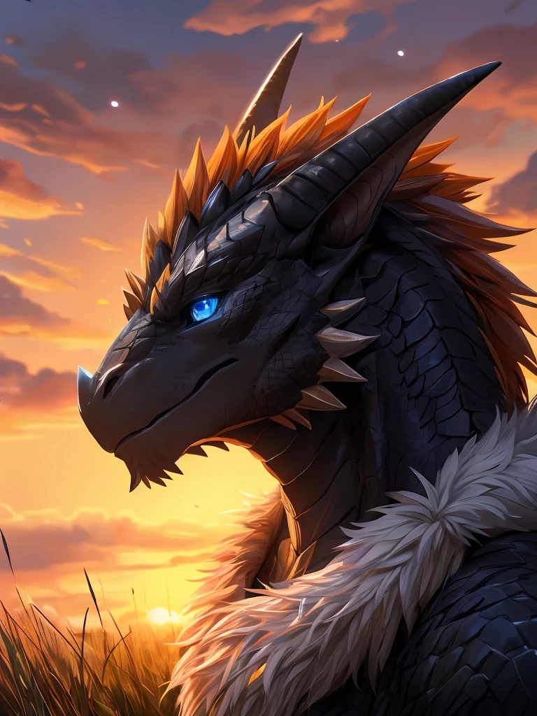 A mature, striking male black dragon with captivating blue eyes, resting in a serene golden sunset over a grassy field, its white fur soft and luminous, exuding wisdom and charisma, with extreme focus on the intricate details of the eyes, fur, and facial features, masterfully crafted by the artist sollyz, zixiong, and null_鬼, (best quality,4k,8k,highres,masterpiece:1.2),ultra-detailed,(realistic,photorealistic,photo-realistic:1.37),extremely detailed eyes and face,longeyelashes,detailed fur texture,beautiful detailed scales,dramatic lighting,cinematic composition,intricate background details,vibrant colors,dramatic shadows,realistic proportions