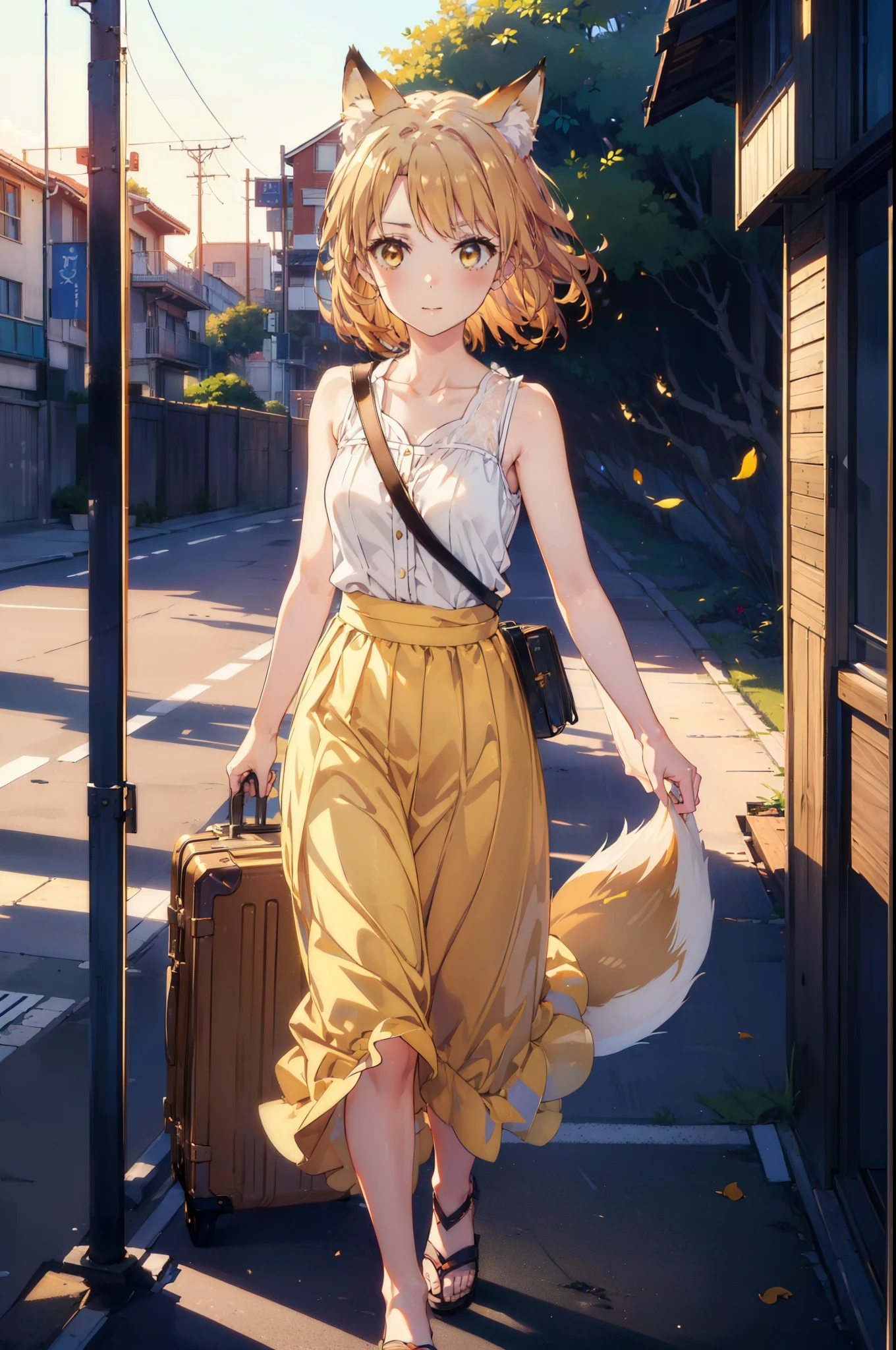 Irohaisshiki, isshiki iroha,Short Hair, Brown Hair, (Brown eyes:1.5), happy smile, smile, Open your mouth,animal(Fox Ears,Fox tail),Yellow sleeveless dress,Yellow long skirt,Cute Sandals,Push-type suitcase,background（Ships at anchor）,port,My hair is blowing in the wind,Holding her hair with her right hand,whole bodyがイラストに入るように,Are standing,morning,morning陽,The sun is rising,Cruise,
break outdoors, port,Ocean,
break looking at viewer,whole body,
break (masterpiece:1.2), Highest quality, High resolution, unity 8k wallpaper, (shape:0.8), (Beautiful and beautiful eyes:1.6), Highly detailed face, Perfect lighting, Highly detailed CG, (Perfect hands, Perfect Anatomy),