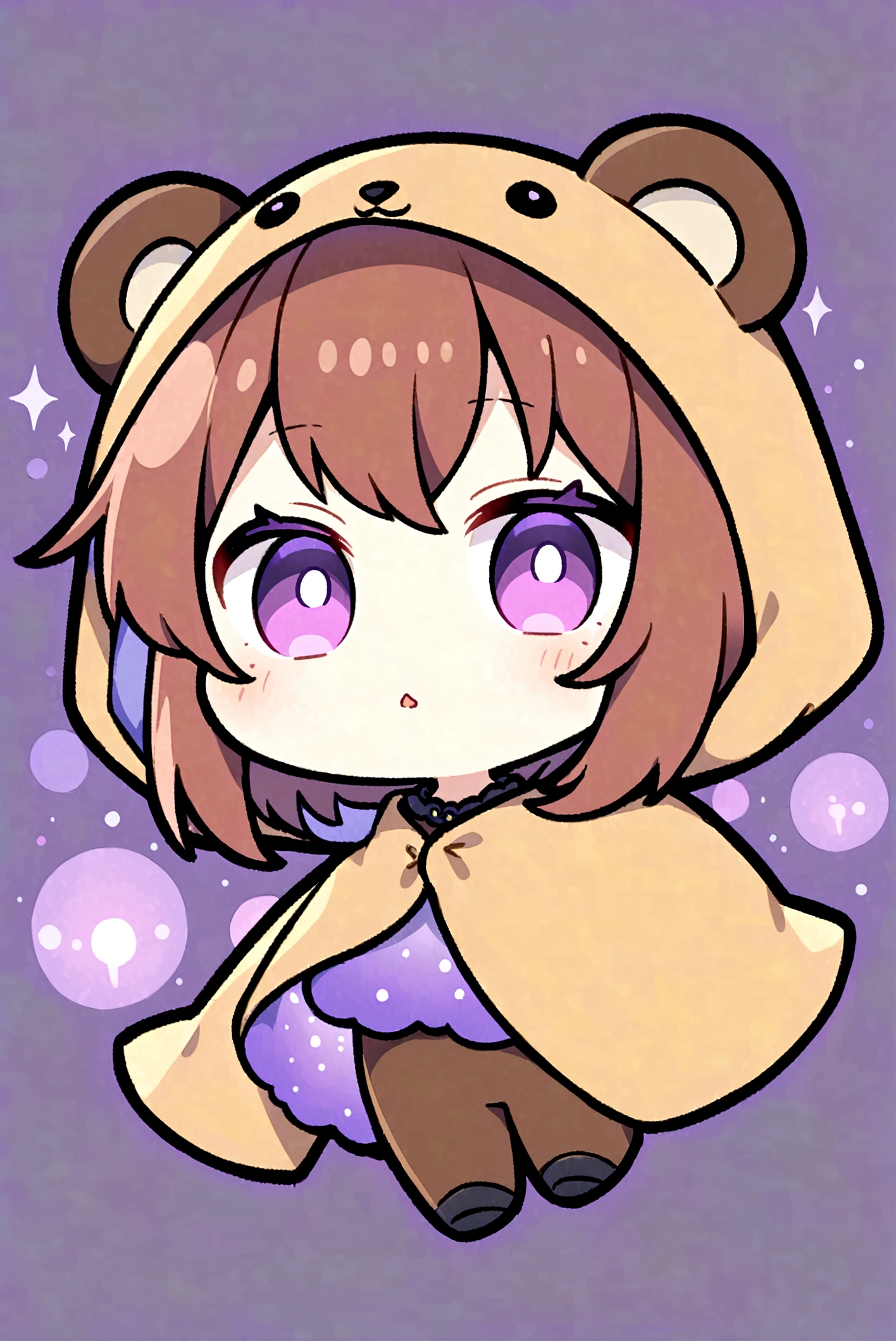 Brown Hair、Brown bear hood、茶髪ロングのChibi Character、Wearing a bear ear hood blanket、Purple Eyes、Purple betta background、Chibi Character