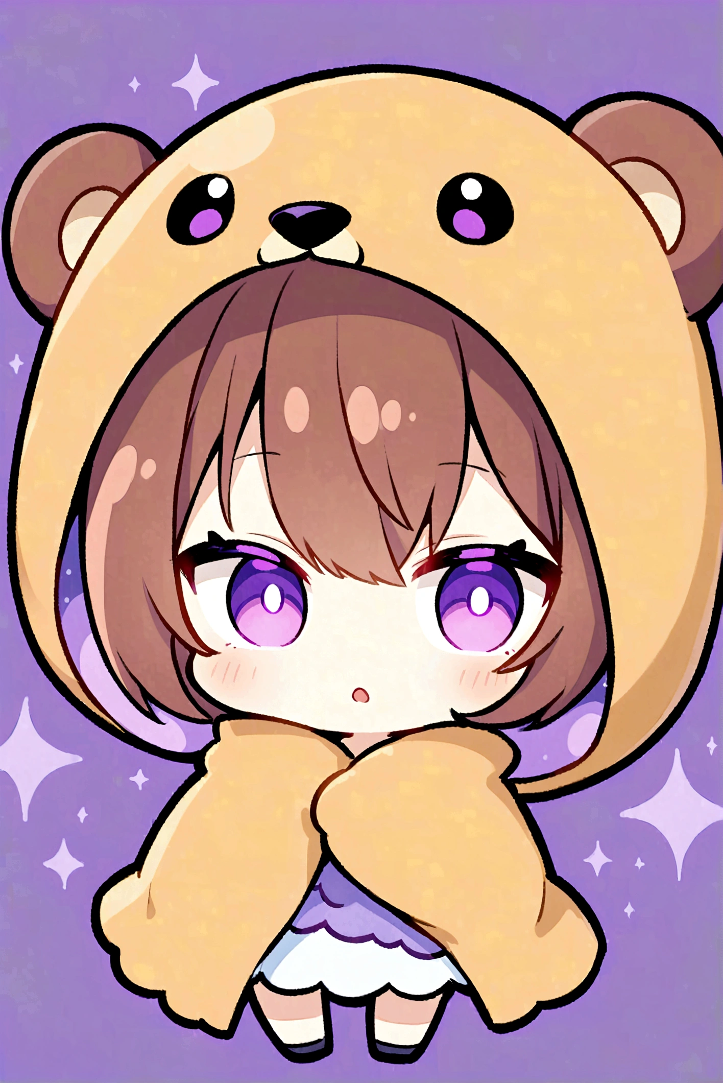 Brown Hair、Brown bear hood、茶髪ロングのChibi Character、Wearing a bear ear hood blanket、Purple Eyes、Purple betta background、Chibi Character