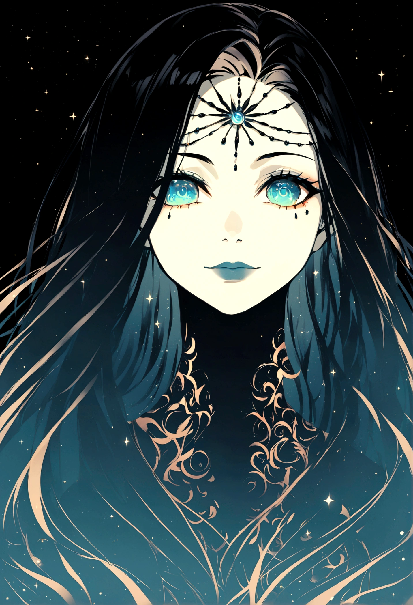 Polychromatic, 1 Girl, night, dark, Black Hair, Looking at the audience, Upper Body, For the audience, Limited color palette, black background, Luminescence,
