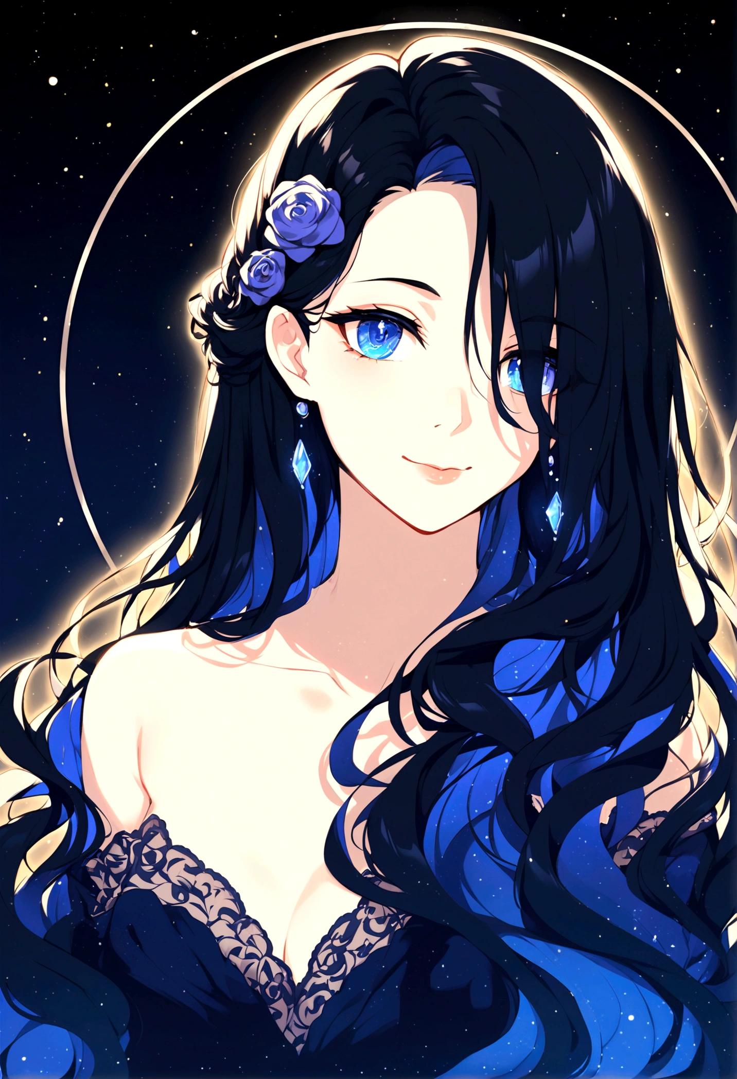 Polychromatic, 1 Girl, night, dark, Black Hair, Looking at the audience, Upper Body, For the audience, Limited color palette, black background, Luminescence,