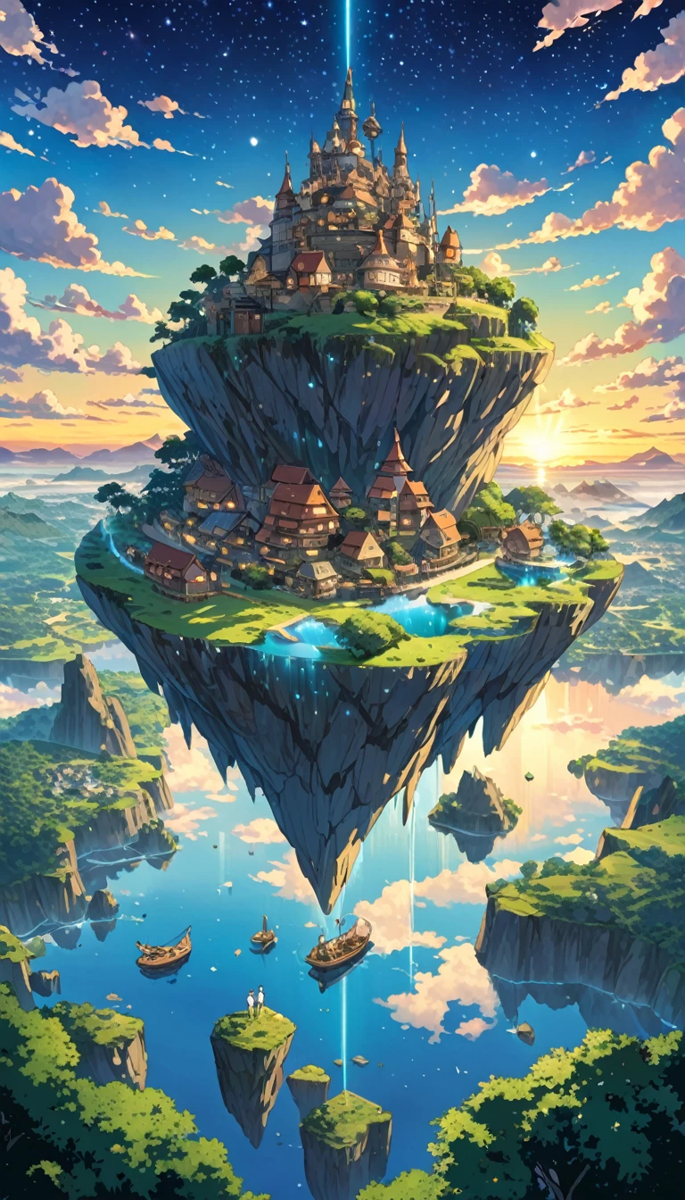 Highly detailed anime-style still images, Ghibli Studio Style, masterpiece, Official Art, Professional, ((Very detailed)), 8K,
A sparkling city, crystallization, Reflective surface, Prism light effect, The setting is a floating island surrounded by a starry sky..people々I live in