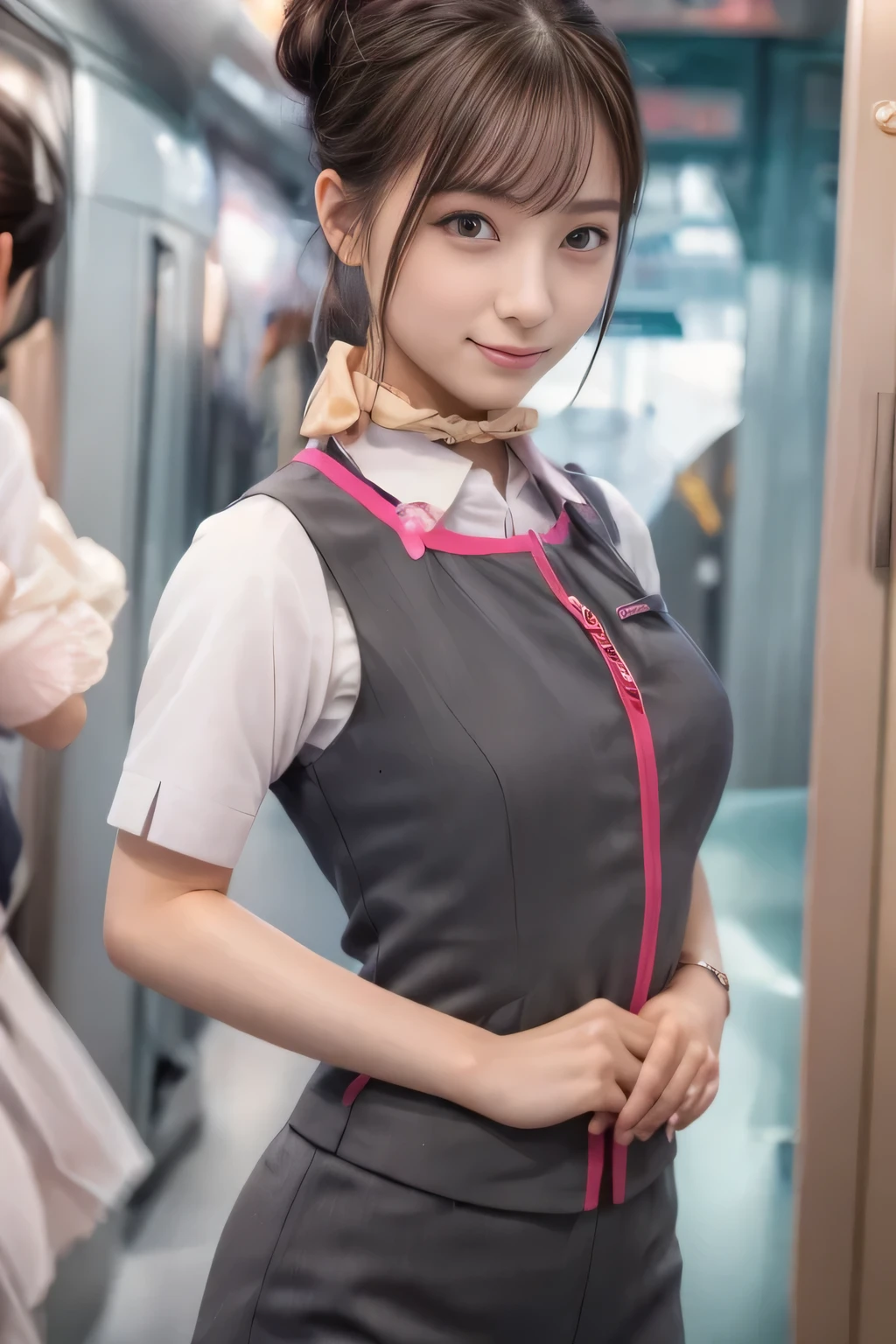 (masterpiece:1.2, Highest quality:1.2), 32k HDR, High resolution, (alone、One Girl)、（Ride the bullet train、Professional Lighting）、Background in the car、（Realistic style of JR Gran Class crew uniform）、Short sleeve blouse、a scarf around the neck、（JR Gran Class flight attendant uniform with pink parts on the skirt sleeves）、（The uniform of the flight attendants of JR Gran Class has a pink line on the front zipper of the vest..）、Dark brown hair、（Hair tied up、Hair Bun、Hair Bun）、Dark brown hair、Long Shot、Big Breasts、（（Great hands：2.0）），（（Harmonious body proportions：1.5）），（（Normal limbs：2.0）），（（Normal finger：2.0）），（（Delicate eyes：2.0）），（（Normal eyes：2.0））)、Luxury Necklace、smile、Beautiful standing posture,