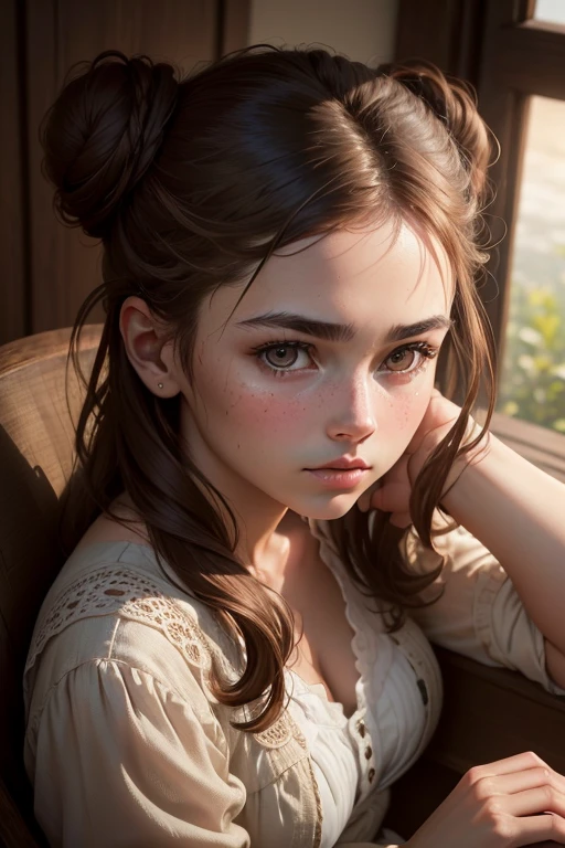 8K,Best quality, masterpiece, ultra high res, (photorealistic:1.4), raw photo, (Authentic skin texture:1.3), (film grain:1.3), (selfie angle),1girl, one bun hairstyle, brown hair, sitting, chair, bored, hand supporting chin, beautiful detailed eyes and face,masterpiece, best quality,close-up,upper bod,