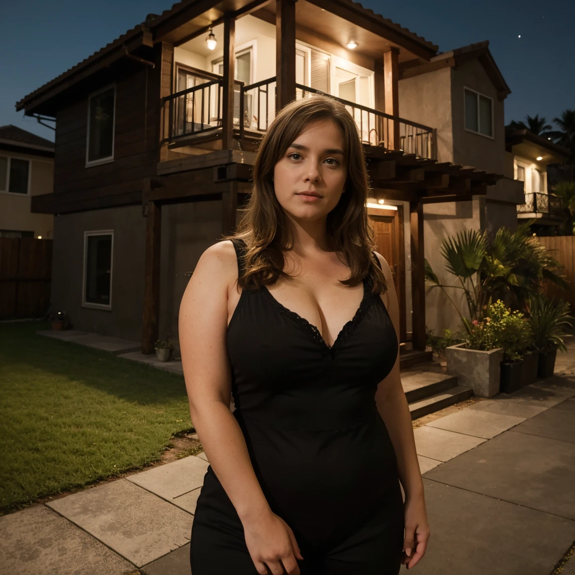 Lucie in front of house at night, a medium-plus-sized chest
