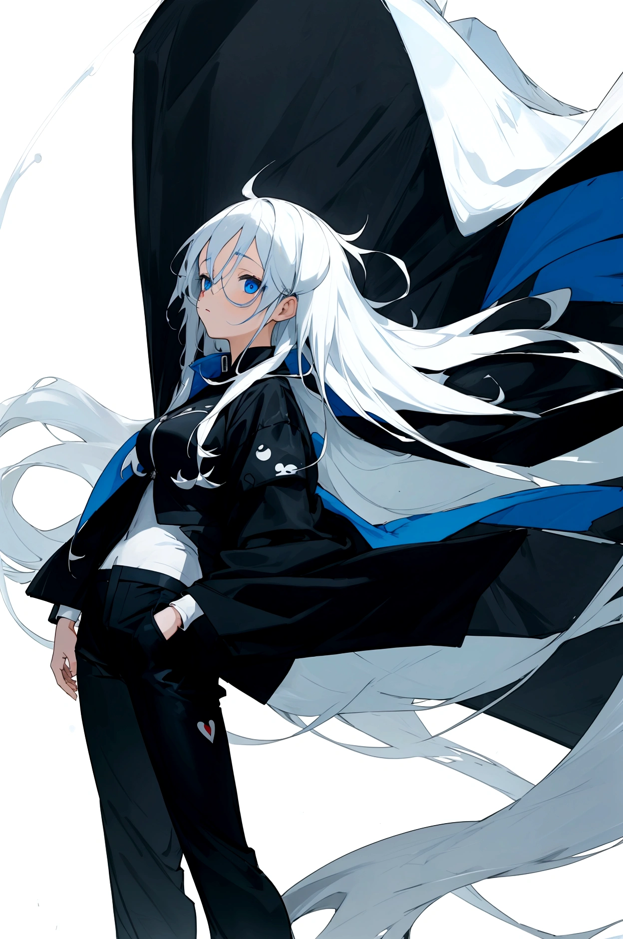 Saturo gojo fromm jjk anime,1 girl,long white hair,blue eyes,black jacket,black pant,ultra highly devloped breast,