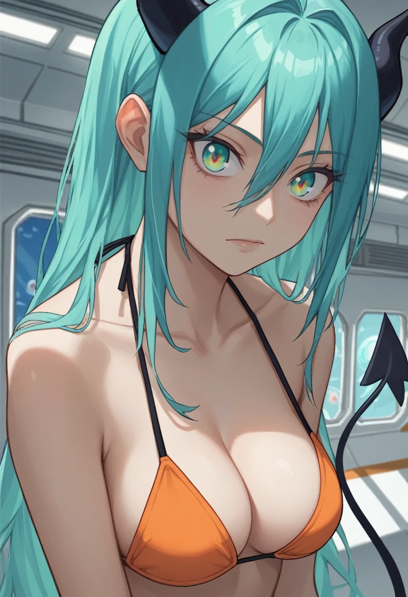 score_9, score_8_up, score_7_up,1 daemon woman, black demon horns, black demon tail, (aquamarine hair),aquamarine green color hair,ahoge, long hair, (long hair),bangs, light orange bikini, bikini is orange, bikini orange, orange bikini!, (aquamarine eyes), background is spaceship, aquamarine eyes, 1woman ,facing viewer, daemon girl, close up,Well-endowed, alone, Spacecraft interior