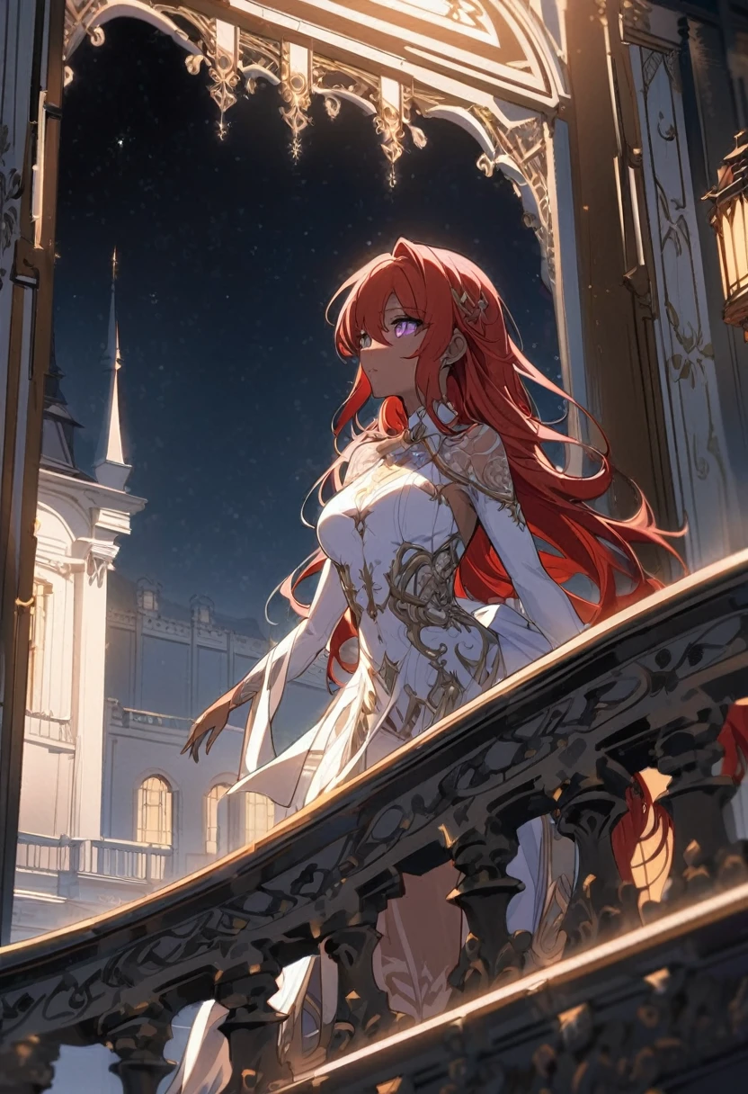1 character a 27 year old woman with red hair lightskin skin and light purple eyes, Panel 1: Wide shot of a grand mansion under the moonlight. The architecture is elegant and timeless, with intricate designs on the balcony railing.
Narration (top of panel): On a quiet night, beneath the serene glow of the moon Manhwa style.