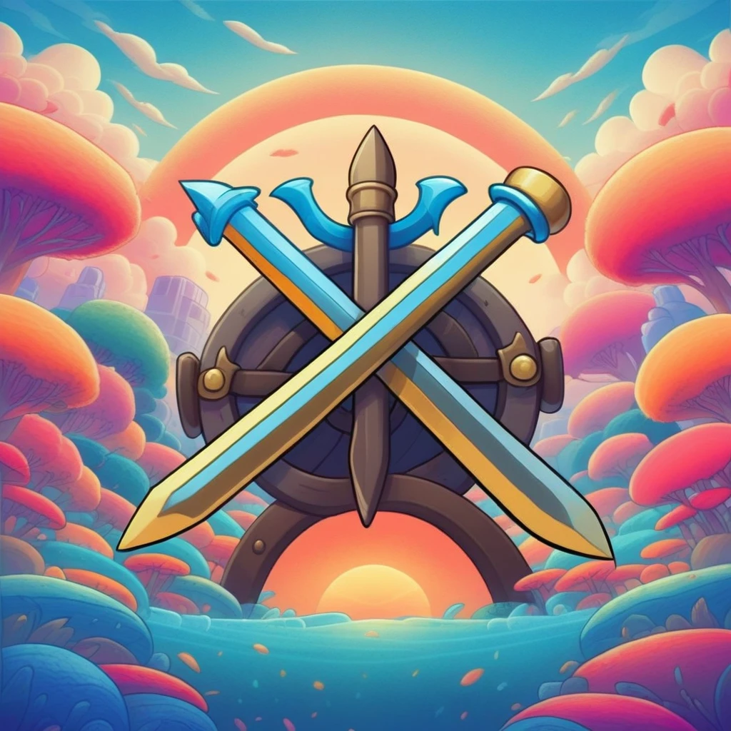 symbol, crossed sword , mobile game art, banner, detailed game art, stylized game art, game illustration, splash screen art, full card design, wallpaper!, extended art, adtime style art, saturated colorful