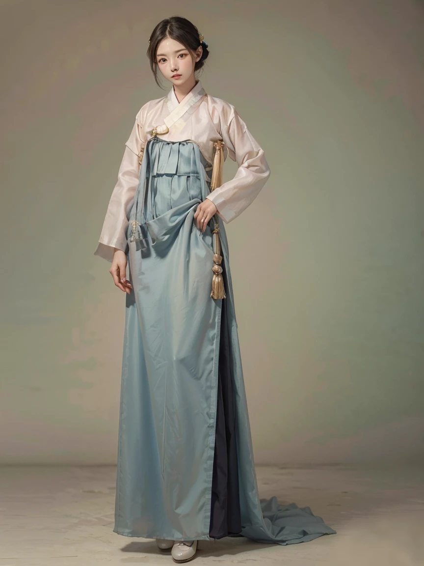 (masterpiece), (top quality), (beautiful and aesthetic), (1 woman), (1930s Korean woman), resembles Korean idol, highly detailed, A little exposure, traditional hanbok, ((full body)), portrait.