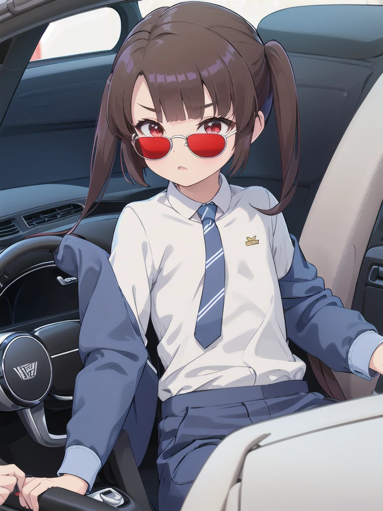 In the car,Convertible,Sitting,((Behind the wheel of a car)),Looking Ahead,driving,1 Girl, 独奏, Red eyes,((Wearing sunglasses)),, Twin tails, brown hair,crawling,((顔 focus)),upper body,White long sleeve shirt,Grey slacks, bangs, eyebrows visible through hair, Flat Chest, 