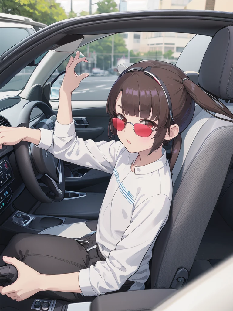In the car,Convertible,Sitting,((Behind the wheel of a car)),Looking Ahead,driving,1 Girl, 独奏, Red eyes,((Wearing sunglasses)),, Twin tails, brown hair,crawling,((顔 focus)),upper body,White long sleeve shirt,Grey slacks, bangs, eyebrows visible through hair, Flat Chest,