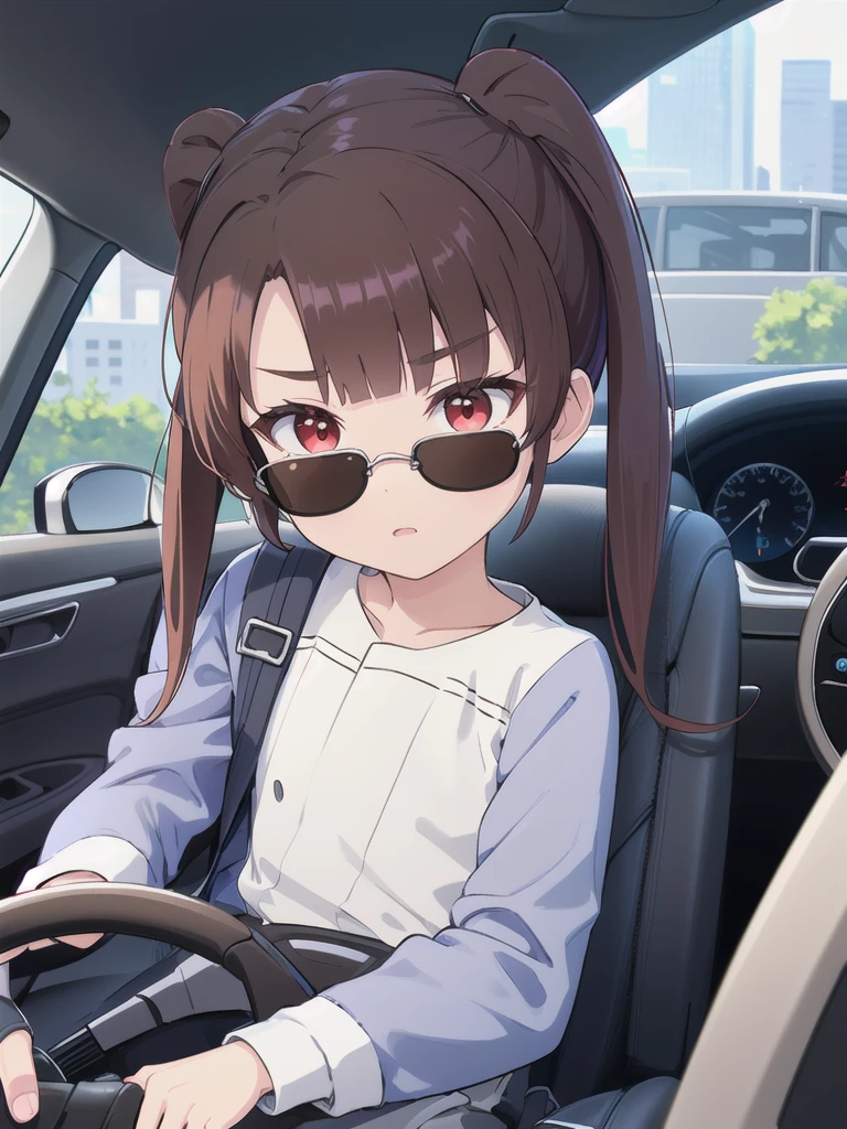 In the car,Convertible,Sitting,((Behind the wheel of a car)),Looking Ahead,driving,1 Girl, 独奏, Red eyes,((Wearing sunglasses)),, Twin tails, brown hair,crawling,((顔 focus)),upper body,White long sleeve shirt,Grey slacks, bangs, eyebrows visible through hair, Flat Chest,