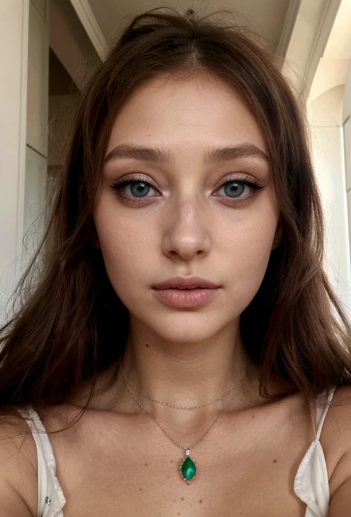 femme arafée avec un débardeur blanc et un collier, fille sexy aux yeux verts, portrait sophie mudd, cheveux bruns et grands yeux, selfie d'une jeune femme, yeux de la chambre, violette myers, sans maquillage, maquillage naturel, regarder directement la caméra, visage avec artgram, maquillage subtil, Superbe photo de tout le corps, yeux verts perçants