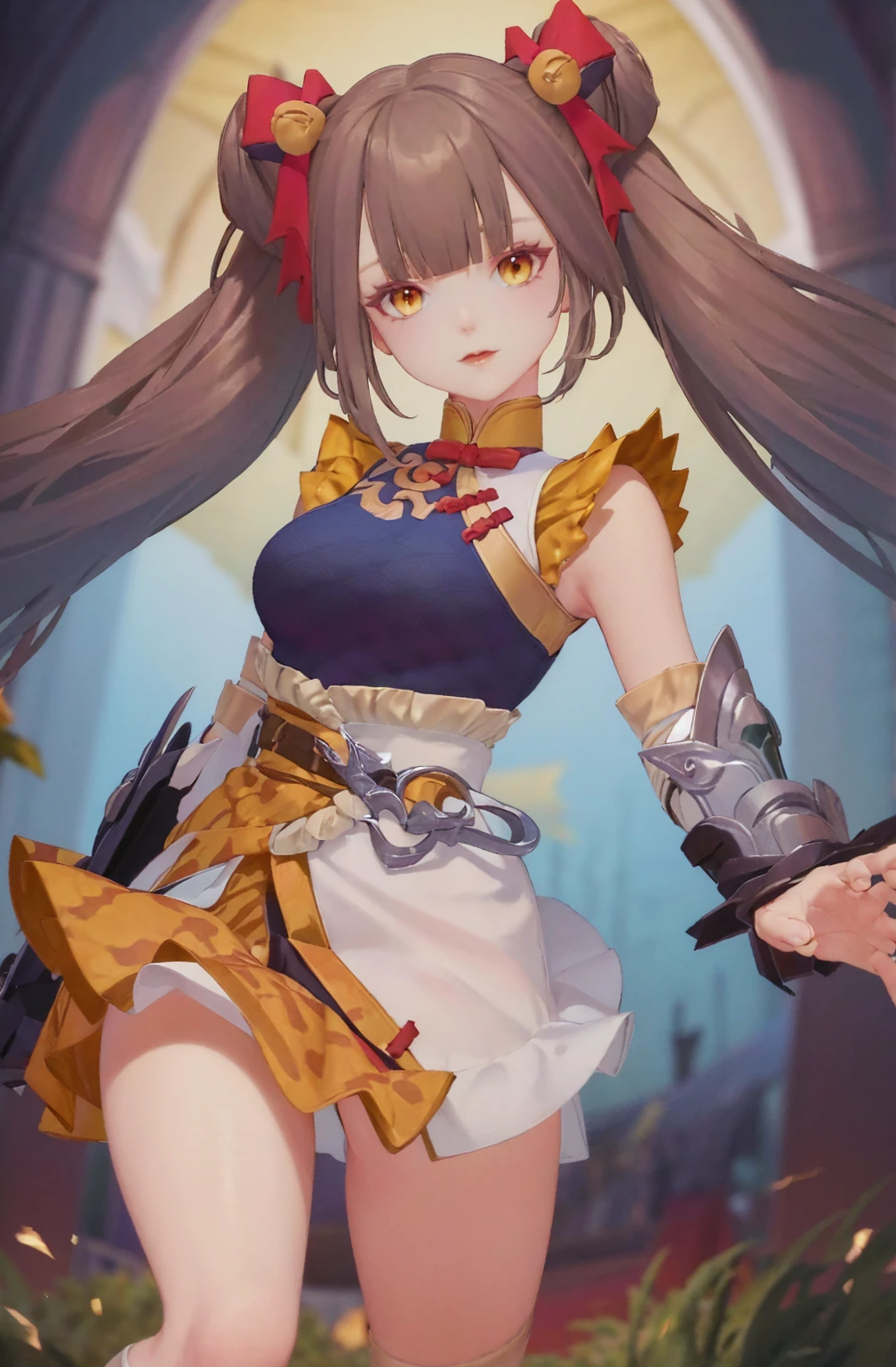 (detailed background), masterpiece, best quality, Mobile_Legends_Alice, blunt_bangs, thigh_highs, pink_eyes,
 (Realistic painting style:0.9), masterpiece, ((Best quality)), absurdres, looking at viewer, no pupils,(( detailed eyes)), alternate costume, 1girl, , golden eyes, solo,white hair , black hair, multicolor hair, bow, purple bow, shirt, white shirt, looking at viewer, bangs, skirt, blue eyes, bowtie, multicolored hair, long hair, frills,
blush,collared shirt, black bowtie, hair bow, standing, black skirt, bow-shaped hair, blunt bangs, smile, sidelocks, blue bow, shirt tucked in, sleeves rolled up, center frills, gradient hair, dress shirt, light particles, blue hair, big breasts ,twintail, gothic clothing, gothic dress, mini skirt, outdoor, castle, cloud, multicolor clothing, gothic apron, garden flower,  cute face, wielding a katana, gothic lolita, 